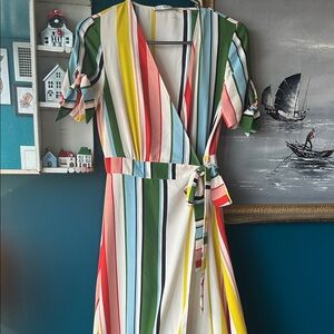 Mango MNG Striped Wrap Midi Dress Tie Waist Spring Summer Colorful Stripe Sz S